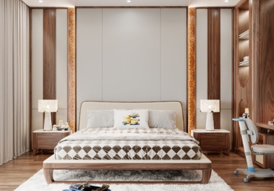 Không gian phòng ngủ của bé được thiết kế nhẹ nhàng được nhấn nhá bởi chất liệu gỗ óc chó kết hợp drap giường năng động, nhí nhảnh