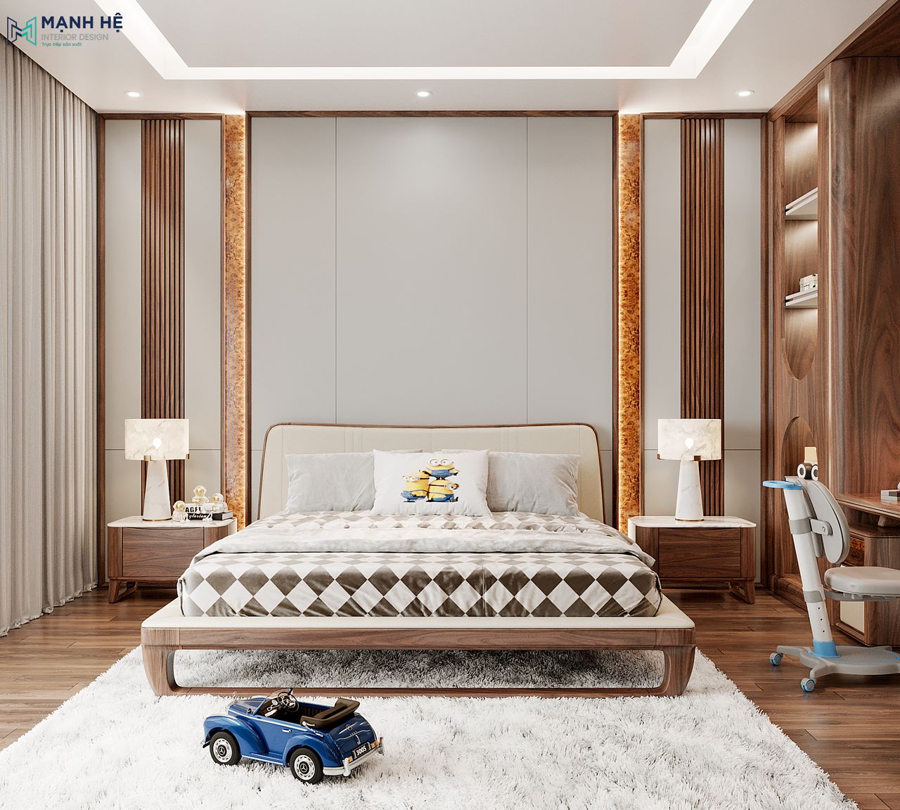 Không gian phòng ngủ của bé được thiết kế nhẹ nhàng được nhấn nhá bởi chất liệu gỗ óc chó kết hợp drap giường năng động, nhí nhảnh
