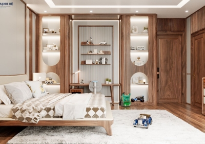 Hệ tủ trưng bày gỗ óc chó được thiết kế hình vòm sang trọng tích hợp bàn học trong không gian phòng ngủ
