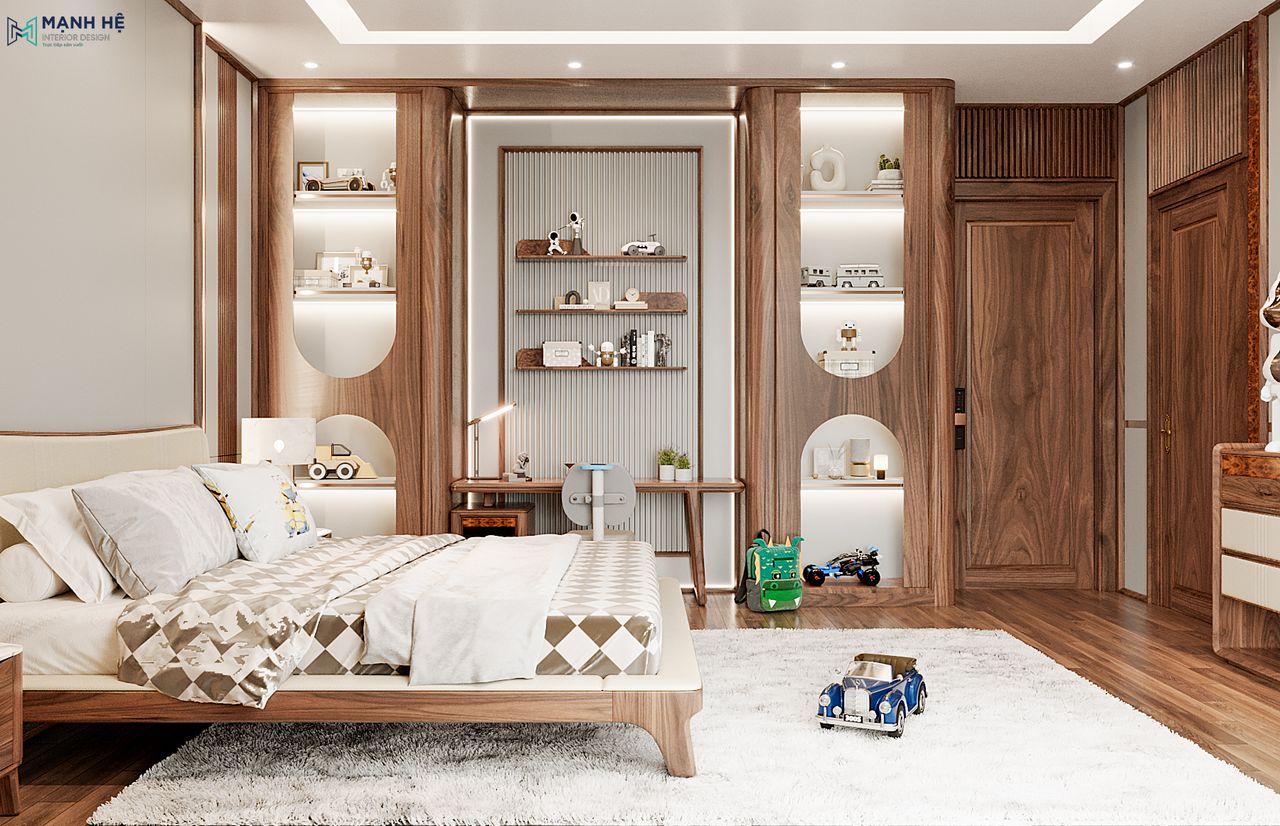 Hệ tủ trưng bày gỗ óc chó được thiết kế hình vòm sang trọng tích hợp bàn học trong không gian phòng ngủ