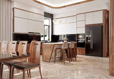 Thiết kế tủ bếp chữ L độc đáo kết hợp bàn đảo bếp hiện đại cùng đèn thả bàn sang trọng
