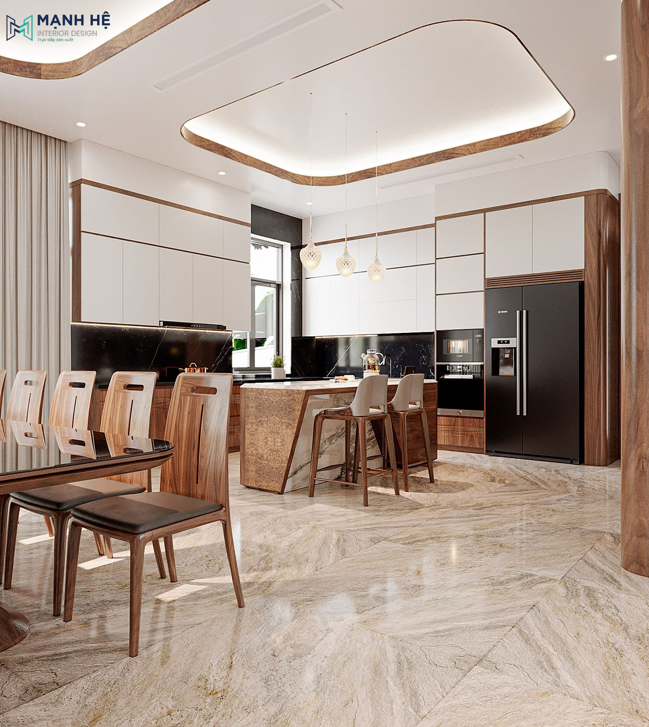 Thiết kế tủ bếp chữ L độc đáo kết hợp bàn đảo bếp hiện đại cùng đèn thả bàn sang trọng
