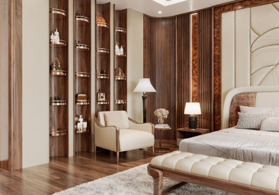 Kệ trang trí được thiết kế hình khối uốn lượn, kết hợp ghế tựa da màu kem cùng bàn nhỏ để tạo góc thư giãn