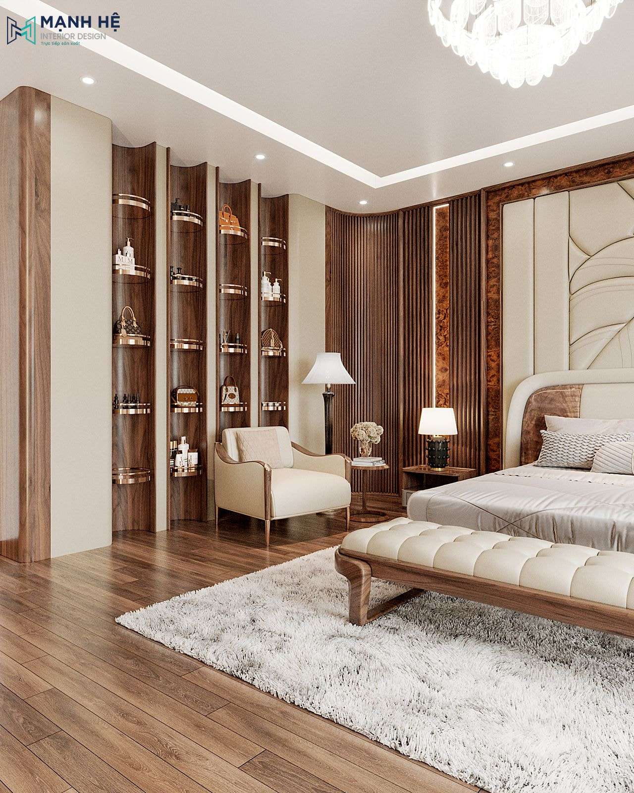 Kệ trang trí được thiết kế hình khối uốn lượn, kết hợp ghế tựa da màu kem cùng bàn nhỏ để tạo góc thư giãn