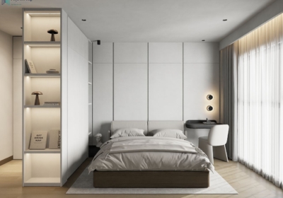 Mẫu thiết kế phòng ngủ tối giản tone màu xám trắng mang vẻ đẹp hài hòa và tận dụng tủ quần áo chia làm hai khu vực giúp không gian thêm sự riêng tư