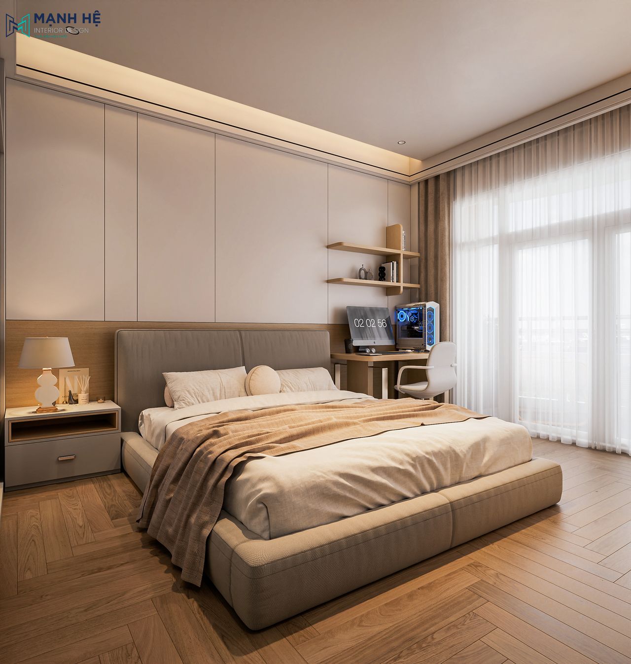 Phòng ngủ với gam màu trung tính được bố trí theo hơi hướng hiện đại, kết hợp đầu giường và khung giường bọc nệm êm ái