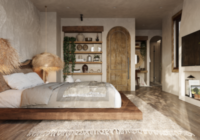 Tạo góc kệ trưng bày và hệ cửa vòm làm điểm nhấn cho phòng ngủ master phong cách Rustic kết hợp gam màu đất trầm lắng