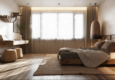 Phòng ngủ được thiết kế theo phong cách Rustic với gam màu đất và gỗ của giường ngủ và bàn làm việc