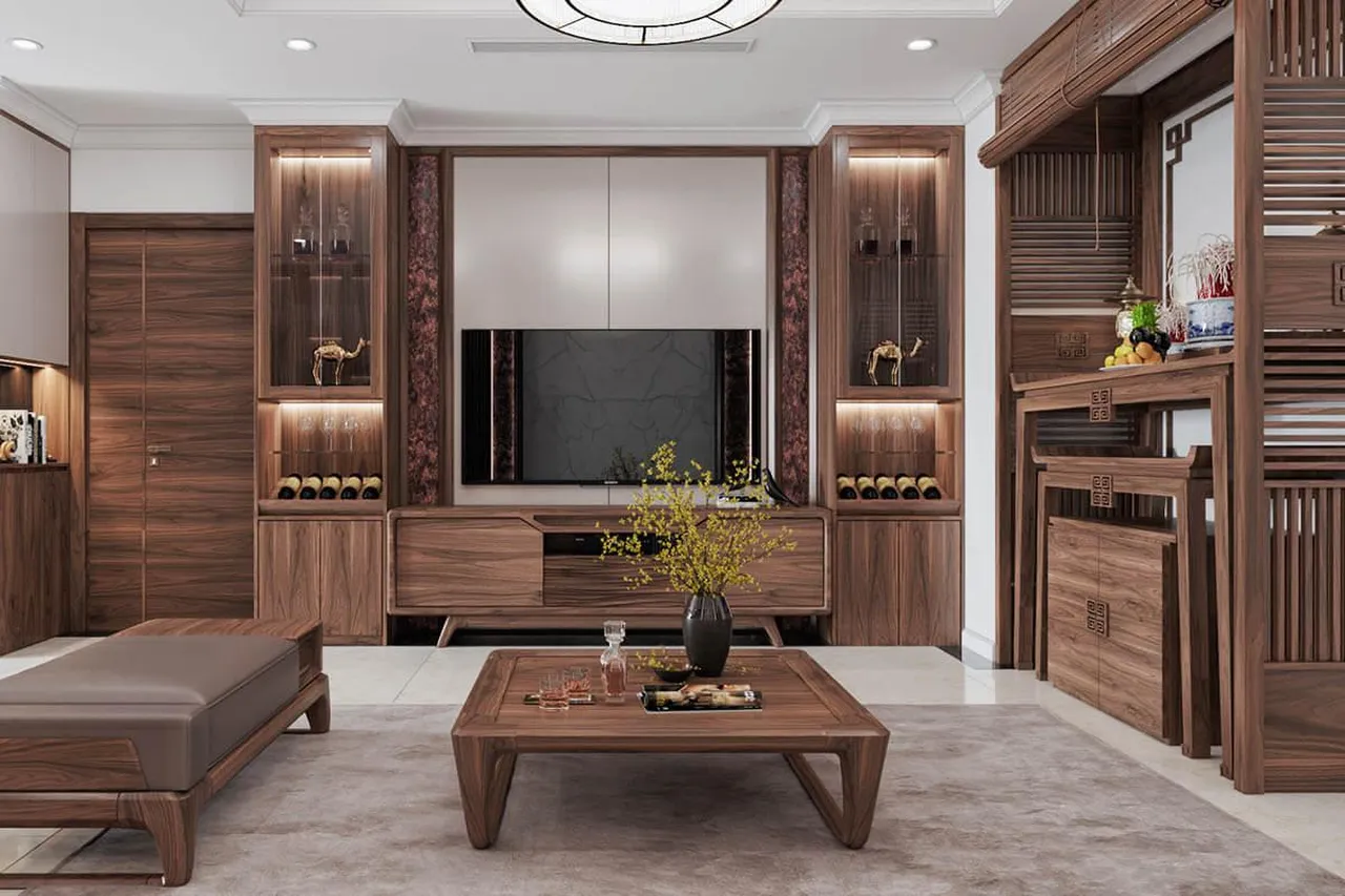 Sử dụng các loại gỗ tự nhiên bền đẹp để đem lại sự tinh tế cho không gian phòng khách nhà cấp 4, kết hợp cùng chi tiết hệ thống đèn là đèn lad âm trần hiện đại