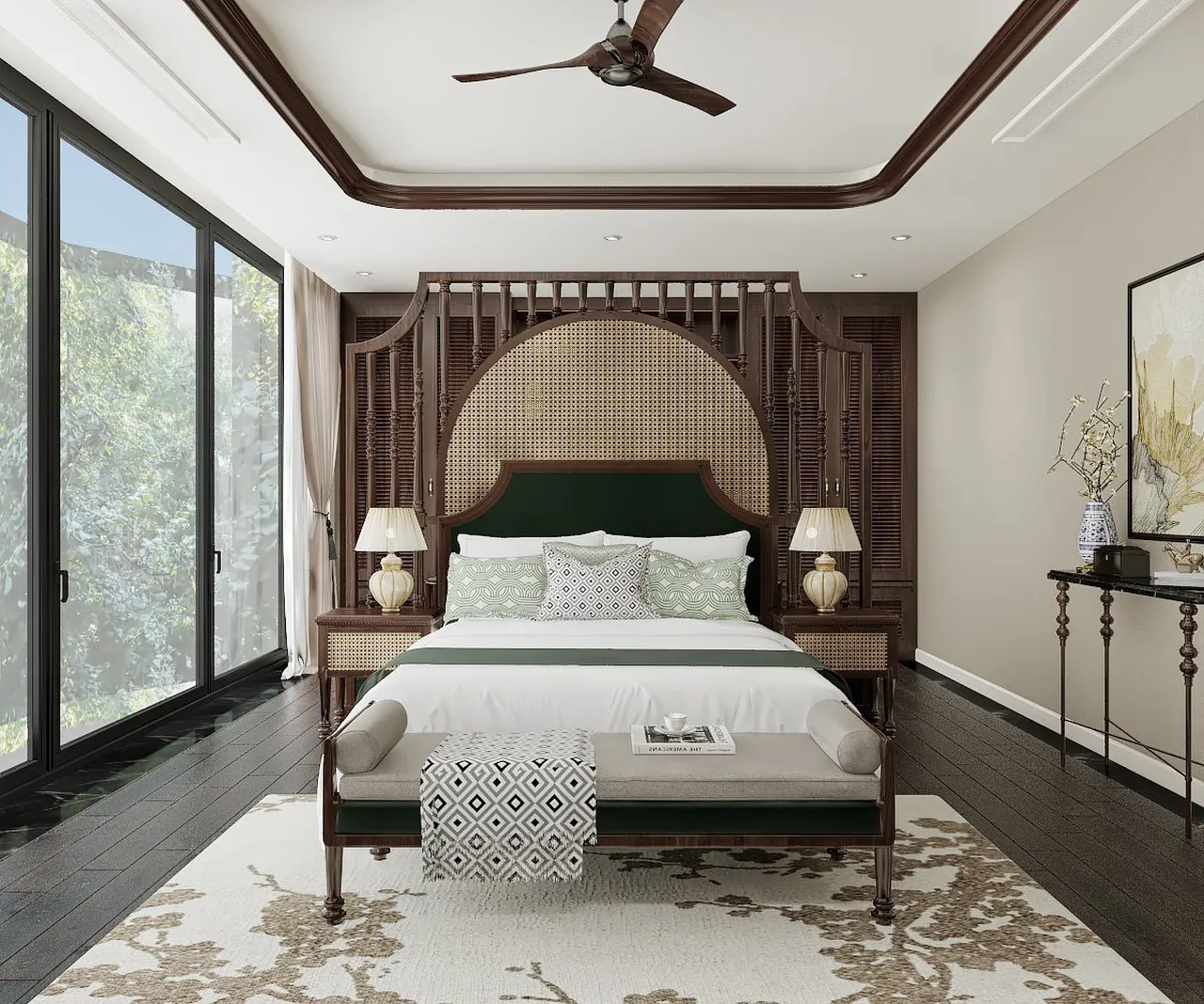 Phòng ngủ master phong cách Indochine được chia ra các khu vực làm việc, trang điểm, phòng thay đồ, góc thư giãn,...