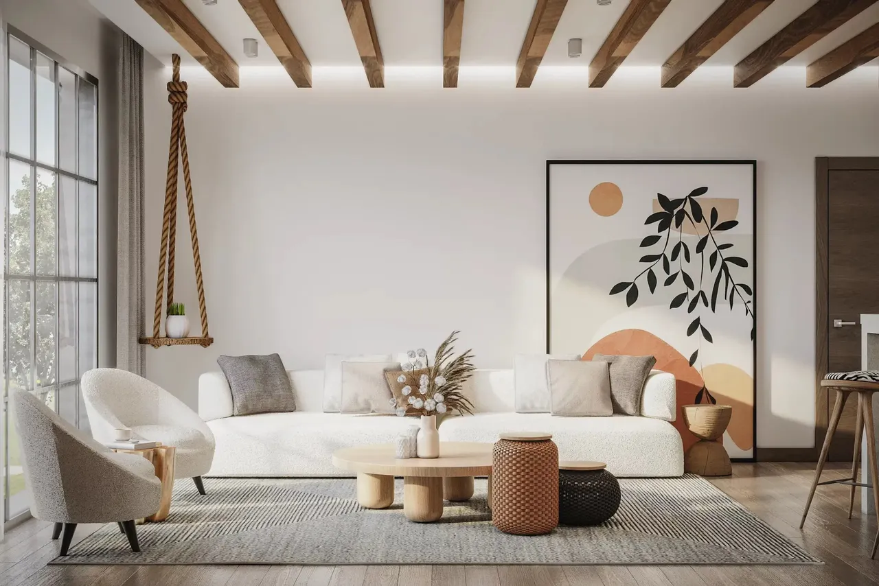 Phong cách Wabi-Sabi 2025 trong phòng khách kiểu Nhật nổi bật với vật liệu thô và thiết kế bo cong kết hợp với trang trí các thanh gỗ trên trần nhà tạo nên vẻ đẹp tinh tế và giản dị.