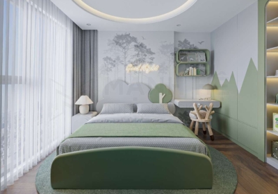 Thiết kế nội thất với 2 gam màu xanh phối trắng trẻ trung năng động kết hợp cùng cái đường nét bo cong mềm mại độc đáo.