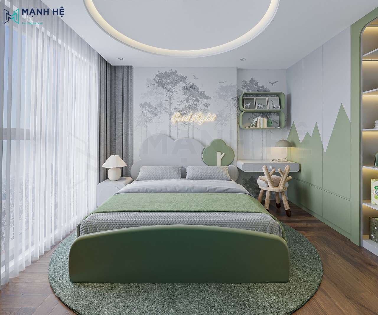 Thiết kế nội thất với 2 gam màu xanh phối trắng trẻ trung năng động kết hợp cùng cái đường nét bo cong mềm mại độc đáo.