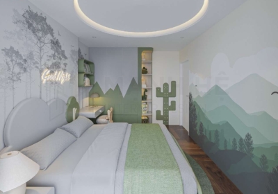 Trang trí phòng ngủ bằng bức tường trang phong cảnh cây cối tươi mát kết hợp cùng chiếc đèn led âm trần ấm áp từ trần thạch cao cách điệu giật cấp hình tròn lạ mắt.