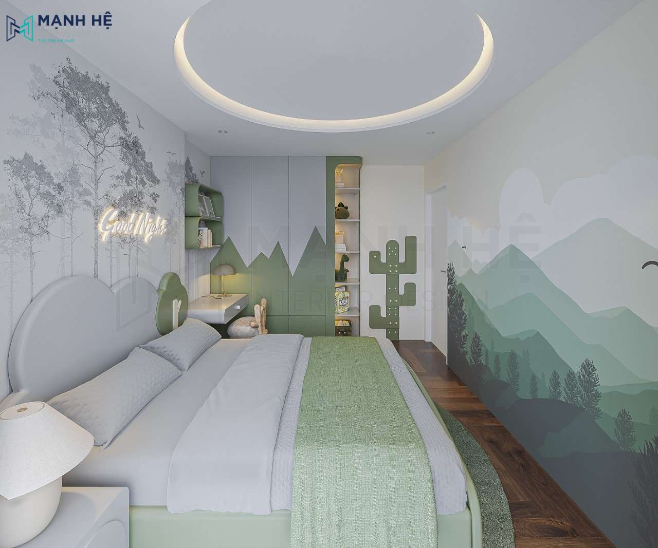 Trang trí phòng ngủ bằng bức tường trang phong cảnh cây cối tươi mát kết hợp cùng chiếc đèn led âm trần ấm áp từ trần thạch cao cách điệu giật cấp hình tròn lạ mắt.