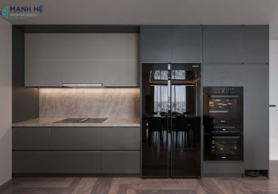 Hệ tủ bếp chữ i sang trọng bằng gỗ công nghiệp cao cấp phủ melamine chống trầy, kết hợp cùng mặt bàn bếp được làm từ đá tự nhiên bền bỉ, sáng bóng.