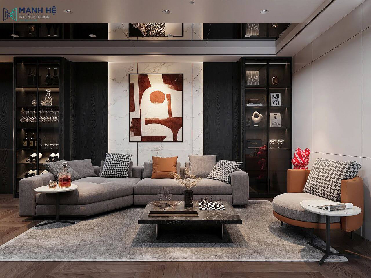 Không gian phòng khách sang trọng thu hút bởi chiếc sofa kiểu dáng độc đáo kết hợp cùng tủ kính trưng bày rượu và đồ trang trí nổi bật trên nền màu đen