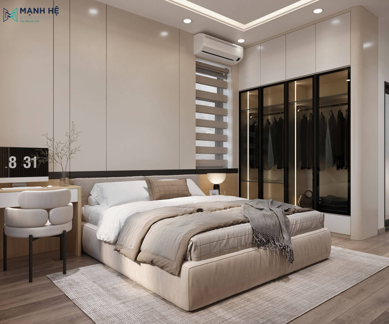 Phòng ngủ tối giản nhưng không kém phần sang trọng với hệ tủ quần áo cánh kính kịch trần, tích hợp cùng đèn led bên trong giúp cho gia chủ dễ dàng quan sát quần áo của mình