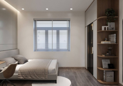 Thiết kế kế tủ quần áo thích hợp kệ trang trí bo cong độc đáo giúp tạo sự thu hút đẹp mắt cho căn phòng, sử dụng rèm sáo để tối ưu ánh sáng tự nhiên một cách dễ dàng.