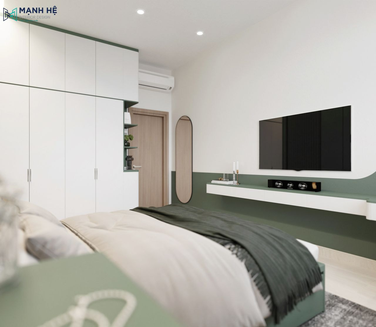 Sử dụng tủ quần áo gỗ công nghiệp phủ sơn trắng, bo góc hợp cùng kệ trang trí giúp gia chủ tha hồ decor phòng ngủ