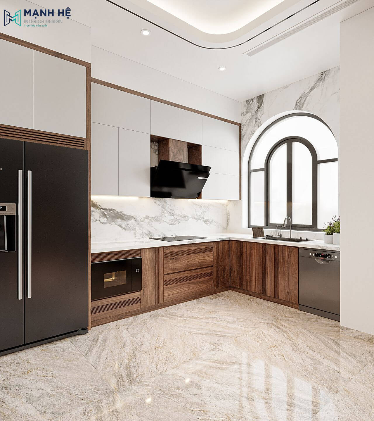Hệ tủ bếp chữ L cao cấp với sự kết hợp hoàn hảo giữa 2 loại gỗ óc chó và công nghiệp, cùng mặt bếp được làm bằng đá marble cao cấp giúp gia chủ dễ dàng vệ sinh lau dọn căn bếp