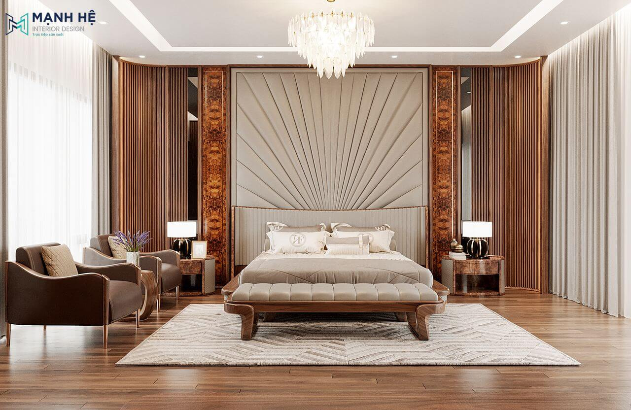 Sự “hoành tráng” và “lộng lẫy” của phòng ngủ 2 được tôn lên nhờ chi tiết đèn chùm pha lê lung lung tích hợp cùng hệ thống đèn led âm trần hiện đại càng làm nổi bật lên các món nội thất bên trong căn phòng