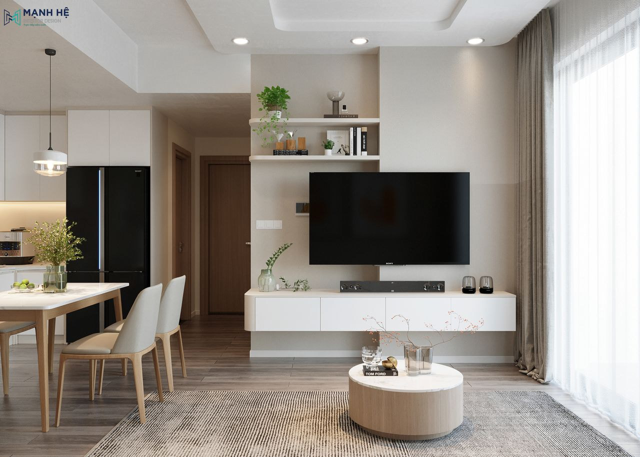 Vách tivi được thiết kế không đồng đều tạo điểm nhấn kết hợp kệ treo tường trưng bày đơn giản, kệ tivi được bố trí tinh tế để tối ưu diện tích.