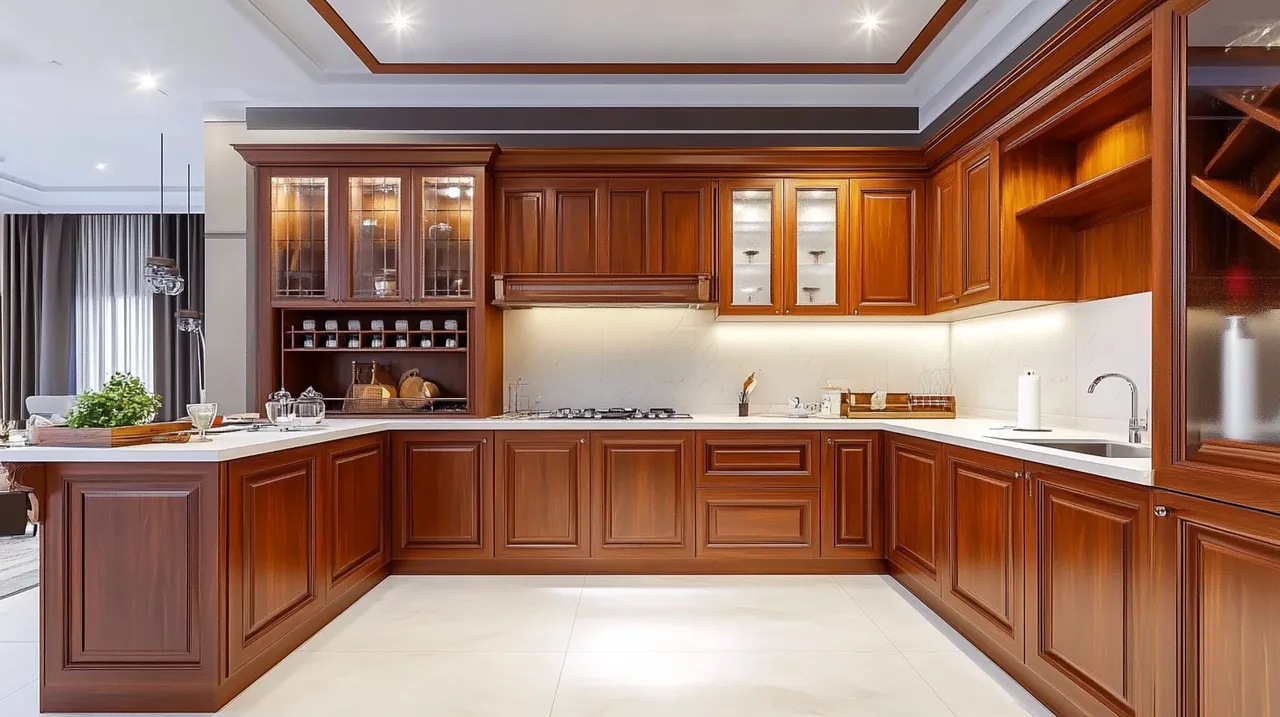 Mẫu thiết kế tủ bếp gỗ sồi Mỹ tích hợp quầy bar và tủ rượu mang gam màu nâu sang trọng, chắc chắn