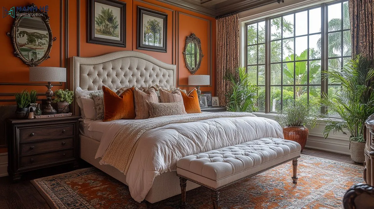 Tạo điểm nhấn cho phòng ngủ kiểu châu Âu bằng cách trang trí những bức tranh vintage độc đáo, mang đậm nét đẹp cổ điển kết hơp với vách ốp tường màu cam làm nổi bật căn phòng 