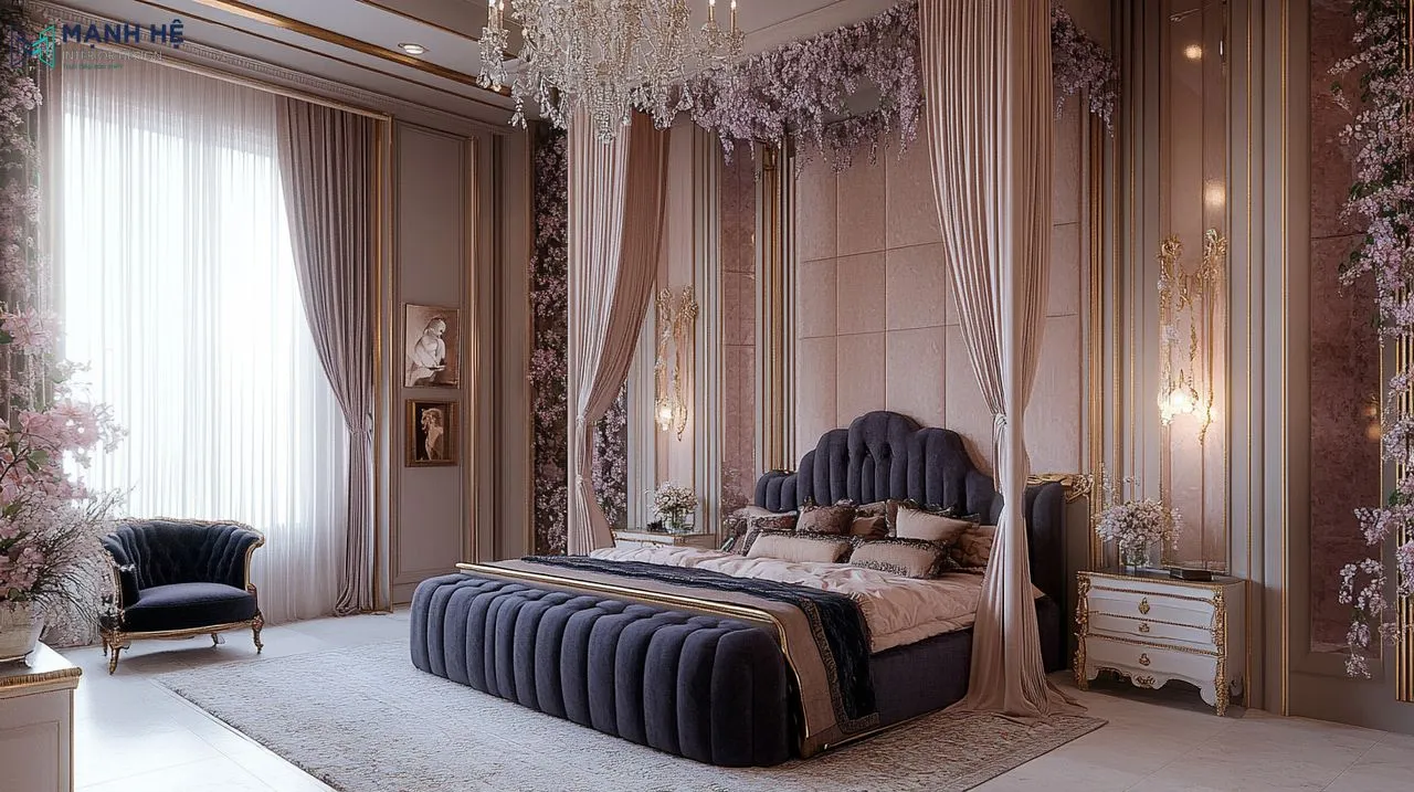 Mẫu nội thất phòng ngủ châu Âu theo phong cách romantic kết hợp với gam màu tím hồng kết hợp với trang trí hoa xung quanh tạo nên không gian thơ mộng