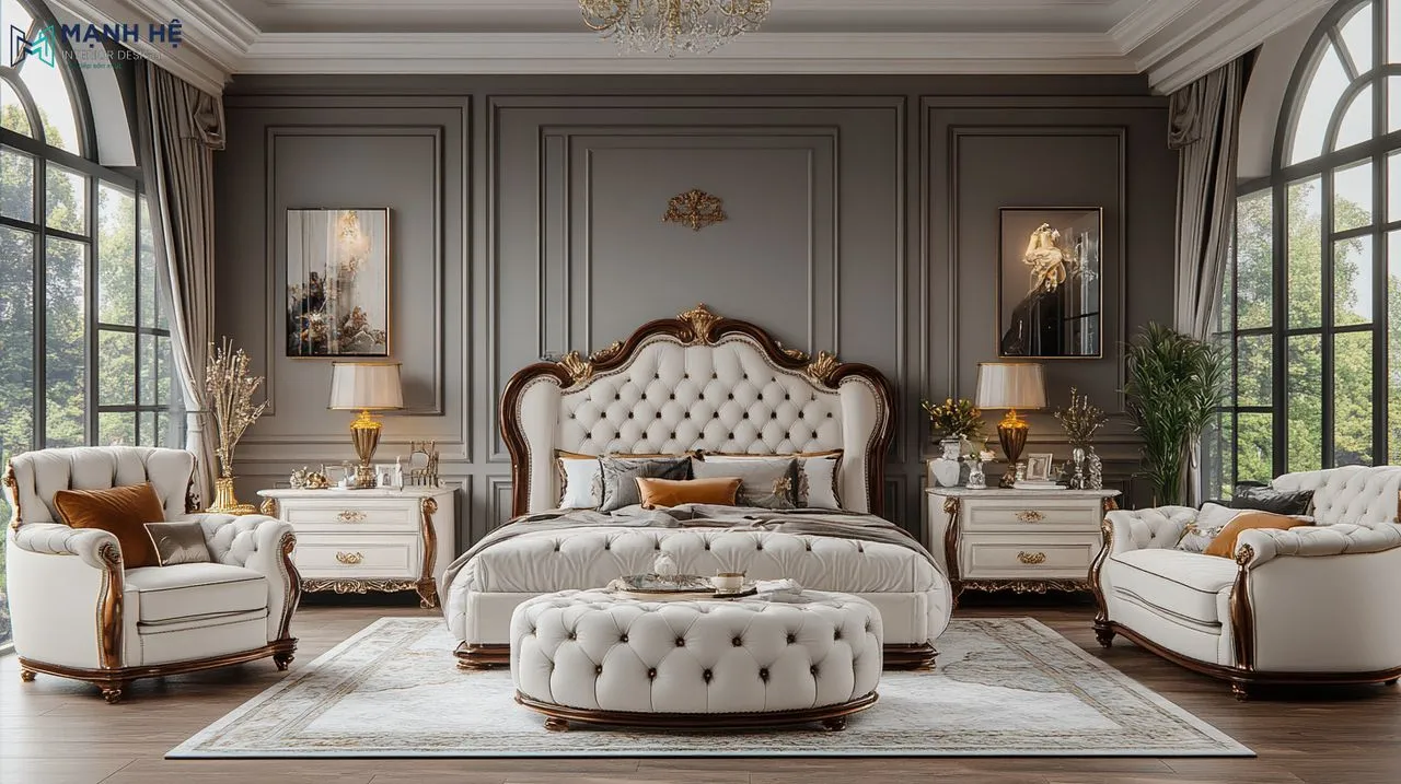 Sự kết hợp hoàn hảo giữa cổ điển và hiện đại trong phòng ngủ phong cách châu Âu nổi bật với đầu giường bọc da sang trọng 
