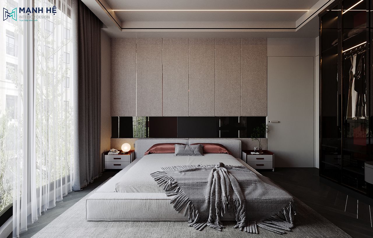 Thiết kế phòng ngủ master với điểm nhấn vách đầu giường ốp vách vân vải xám kết hợp tấm kính đen hiện đại