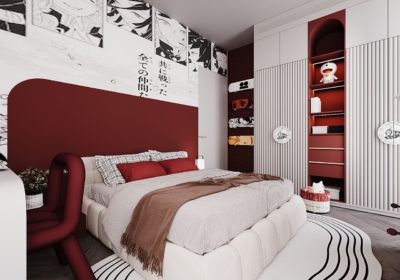 Thiết kế tủ quần áo kịch trần màu trắng đỏ kết hợp cùng kệ trưng bày tiện nghi