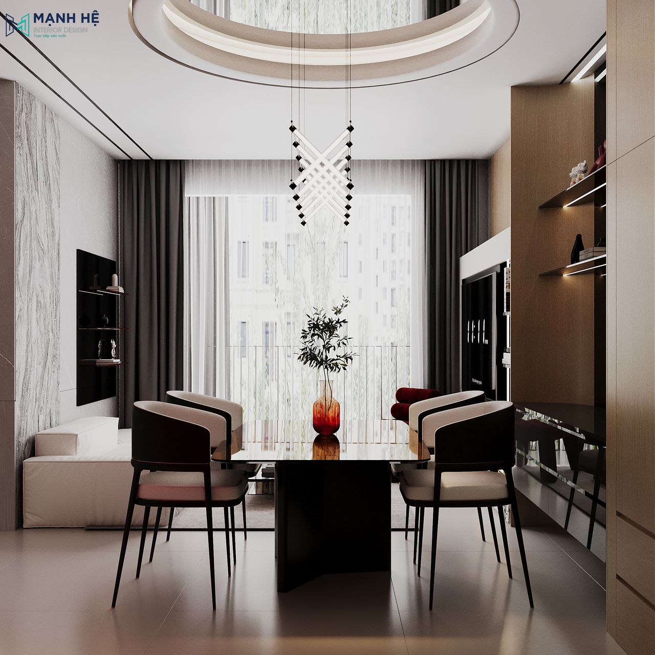 Bàn ăn 4 người được thiết kế với mặt đá marble đen kết hợp đèn thả bàn ăn độc đáo.