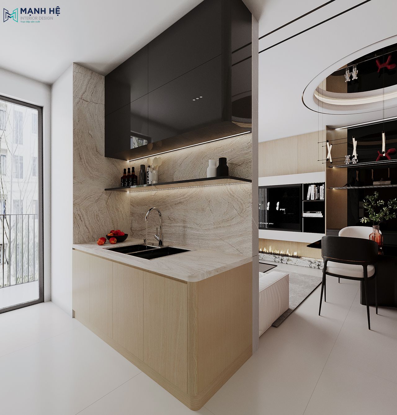 Thiết kế bếp liền phòng khách tiện nghi ngay cạnh ban công để đón ánh sáng tự nhiên , bồn rửa được thiết kế tối giản và tinh tế sau vách ngăn phòng khách.