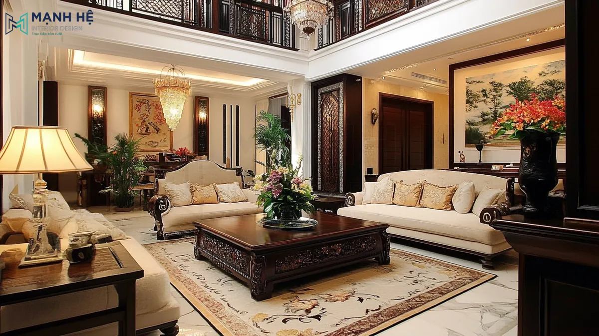 Không gian phòng khách biệt thự cổ điển kiểu Á Đông toát lên sự sang trọng và điểm nổi bật nằm ở thảm trải sàn với các hoa văn mang đậm nét Á Đông