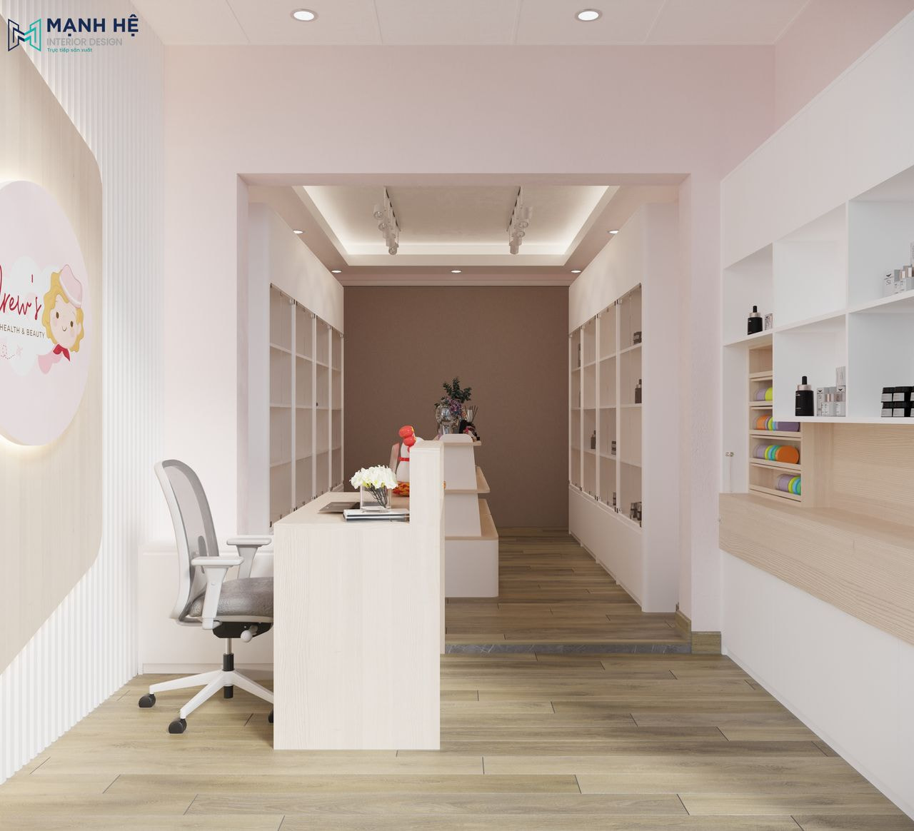 Bố trí các kệ trưng bày song song để tạo nhiều lối đi cho không gian, với gam màu pastel nhẹ nhàng giúp showroom trở nên tươi sáng