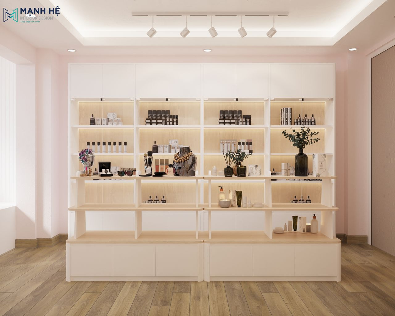 Kệ trưng bày với gam màu trắng kết hợp gỗ và lắp đèn led làm nổi bật từng ô sản phẩm