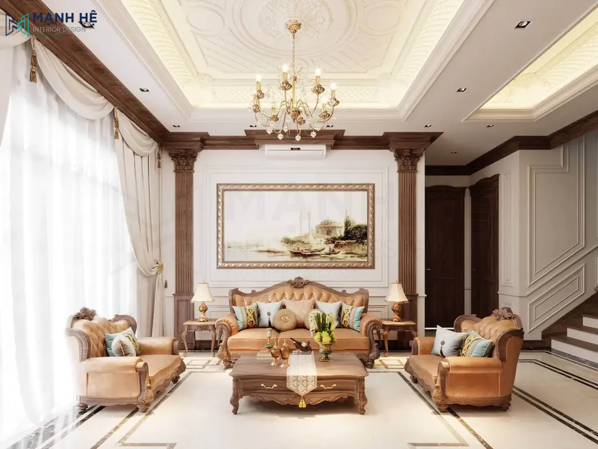 Trang trí phòng khách nhà phố cổ điển đơn giản nhưng đầy cuốn hút với trang trang trí sau sofa đẹp mắt