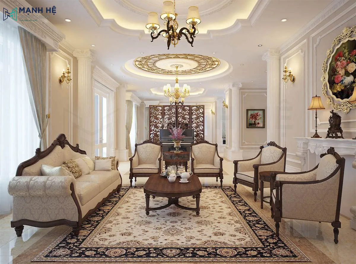 Mẫu phòng khách cổ điển mang hơi hướng Indochine manh vẻ đẹp gần gũi cùng hệ đèn led âm giúp không gian thêm phần hài hòa