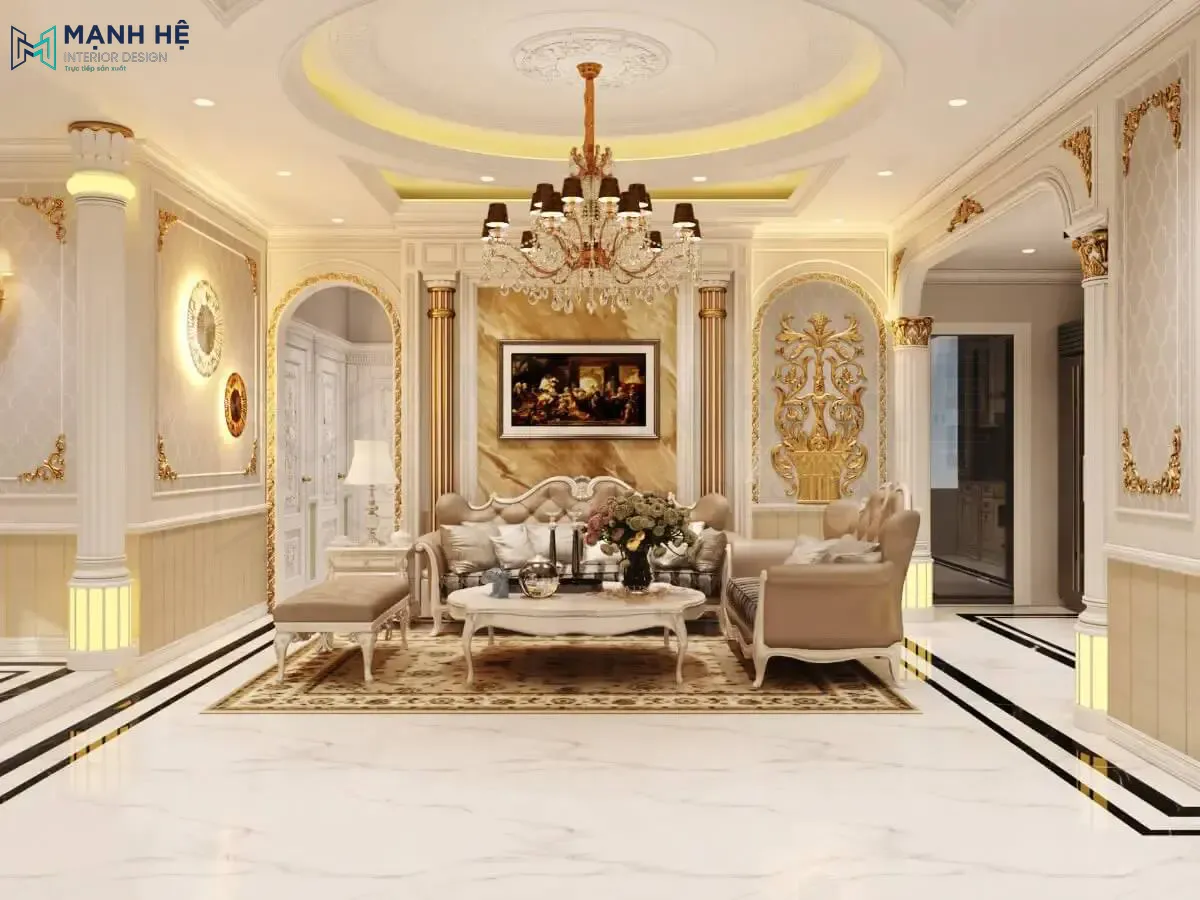 Trang trí nội thất phòng khách cổ điển vô cùng quý phái có thêm điểm nhấn ở phần vách được ốp đá vân mây và thiết kế trần thạch cao hình tròn đầy ấn tượng