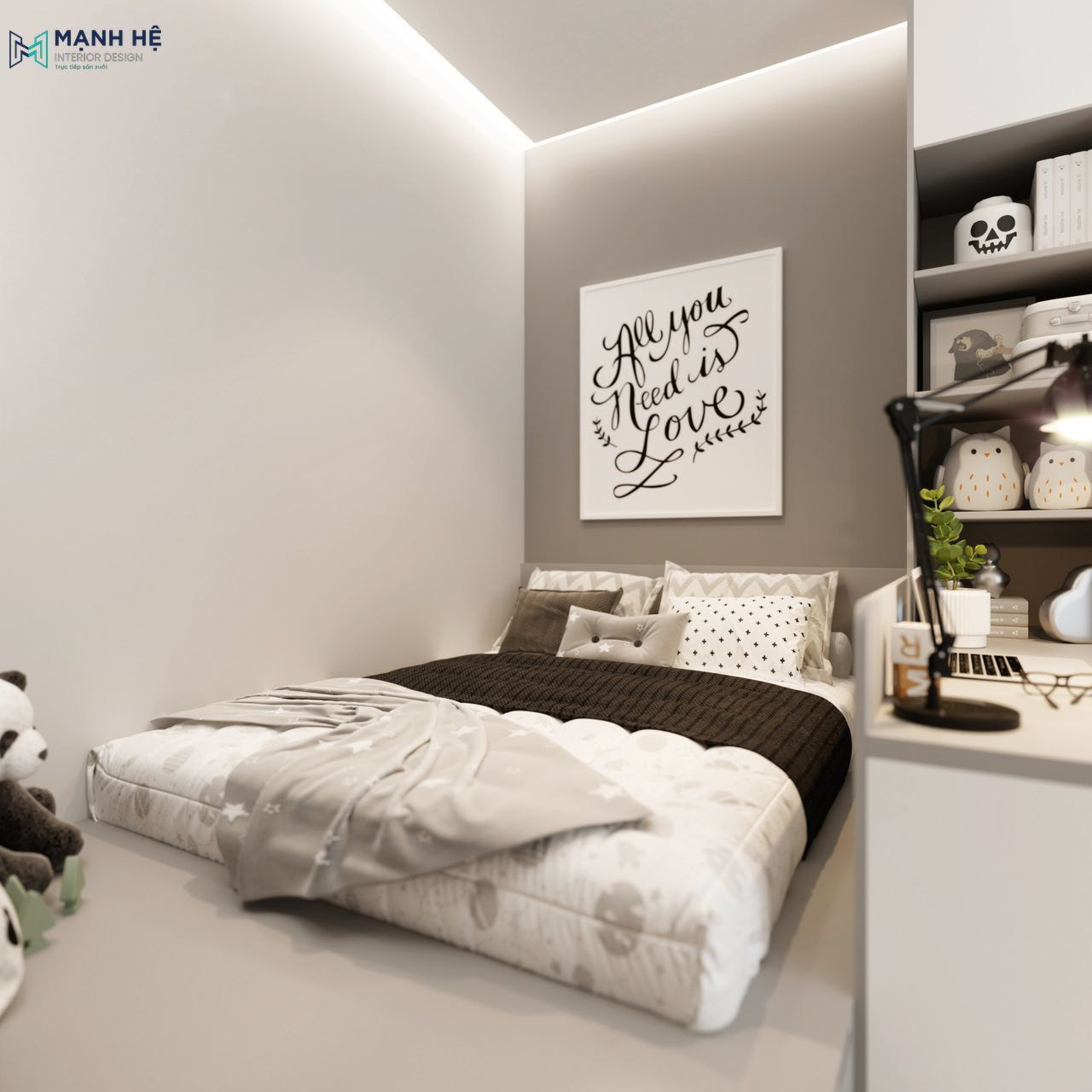 Thiết kế giường bục cho phòng ngủ nổi bật với tranh treo tường