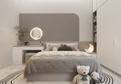Phòng ngủ dành cho nữ với 2 gam màu xám và trắng nổi bật với bàn trang điểm gương đèn LED hiện đại