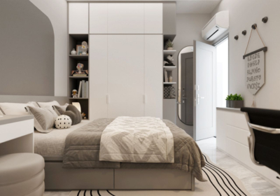 Hệ tủ quần áo kịch trần tích hợp kệ trang trí và chiếc gương được bố trí cạnh cửa ra vào
