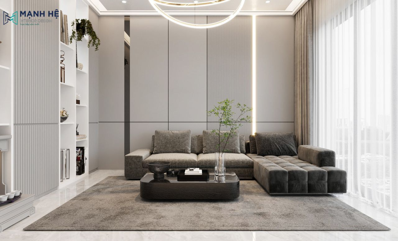 Phòng khách nổi bật với bộ sofa màu xám kết hợp bàn trà hiện đại và vách tường sau sofa tích hợp lam gỗ 