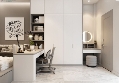 Thiết kế bàn trang điểm nối liền tủ quần áo và bên cạnh cửa ra vào
