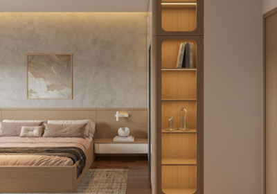 Kệ trang trí màu nâu gỗ tích hợp đèn led bên trong và thiết kế bên hông tủ quần áo