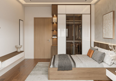 Thiết kế hệ tủ quần áo kịch trần bằng gỗ công nghiệp phủ melamine bên cạnh lối ra vào tích hợp kệ trang trí tiện nghi