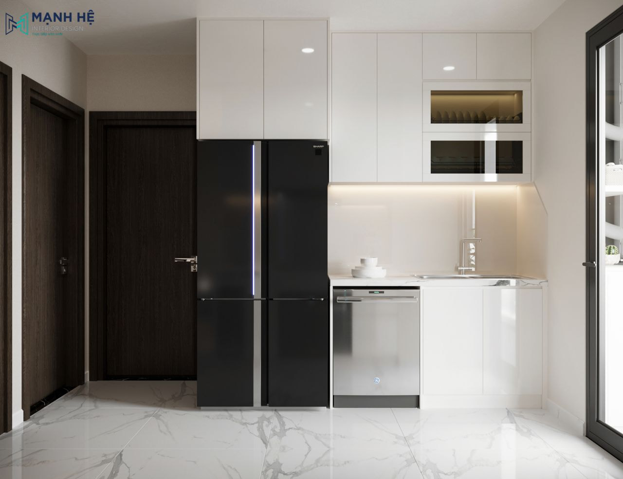 Hệ tủ bếp chữ I kịch trần với thiết kế hiện đại và tích hợp khu vực để tủ lạnh