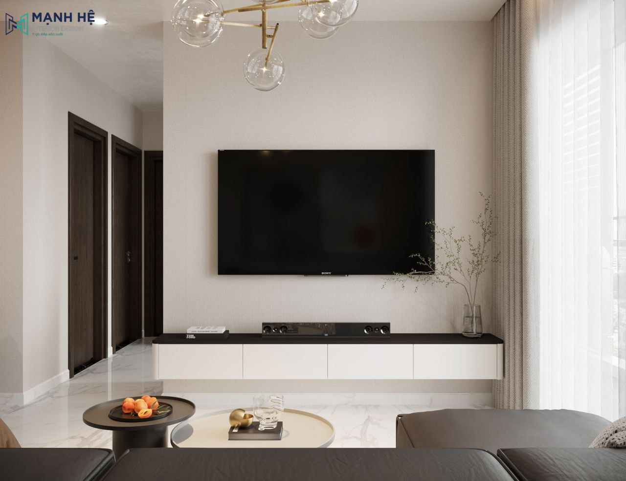Thiết kế kệ tivi treo tường màu trắng, nhiều ngăn với các góc bo cong